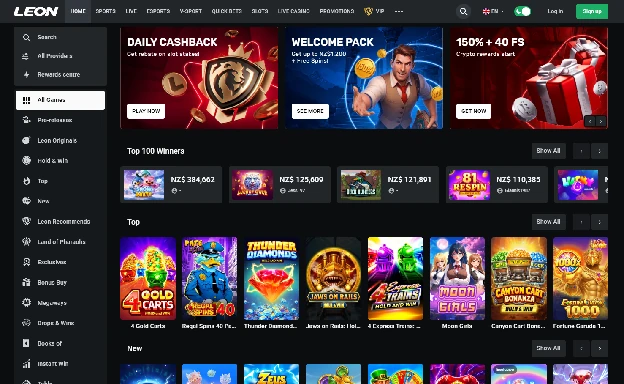 LEON Casino NZ lobby